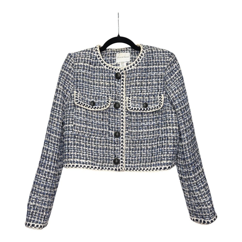 Christian Lacroix Blue White Tweed Cropped Jacket Blazer Whipstitch Trim Size 4